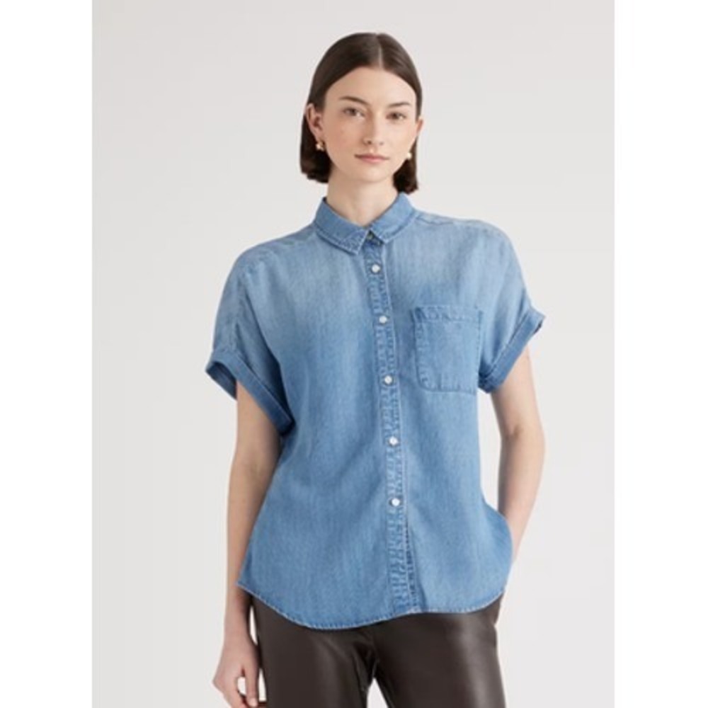 Quince Chambray Tencel Short Sleeve Shirt Womens S Medium Indigo Button Up
